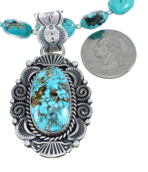 Native American Turquoise Sterling Silver Bead Necklace And Pendant Set AX124772